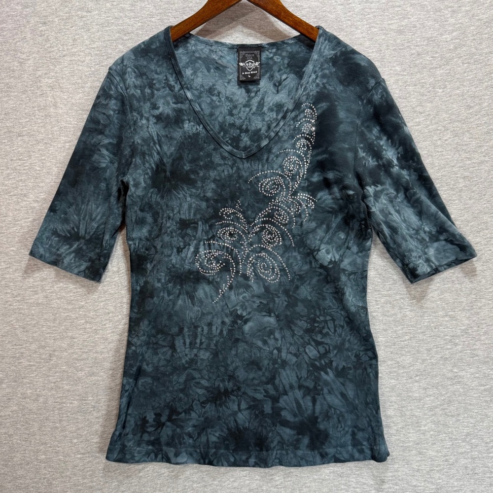Sledge USA Graphic Tee Womens L Multicolor Tie Dye Rhinestone Y2K V-Neck Shirt